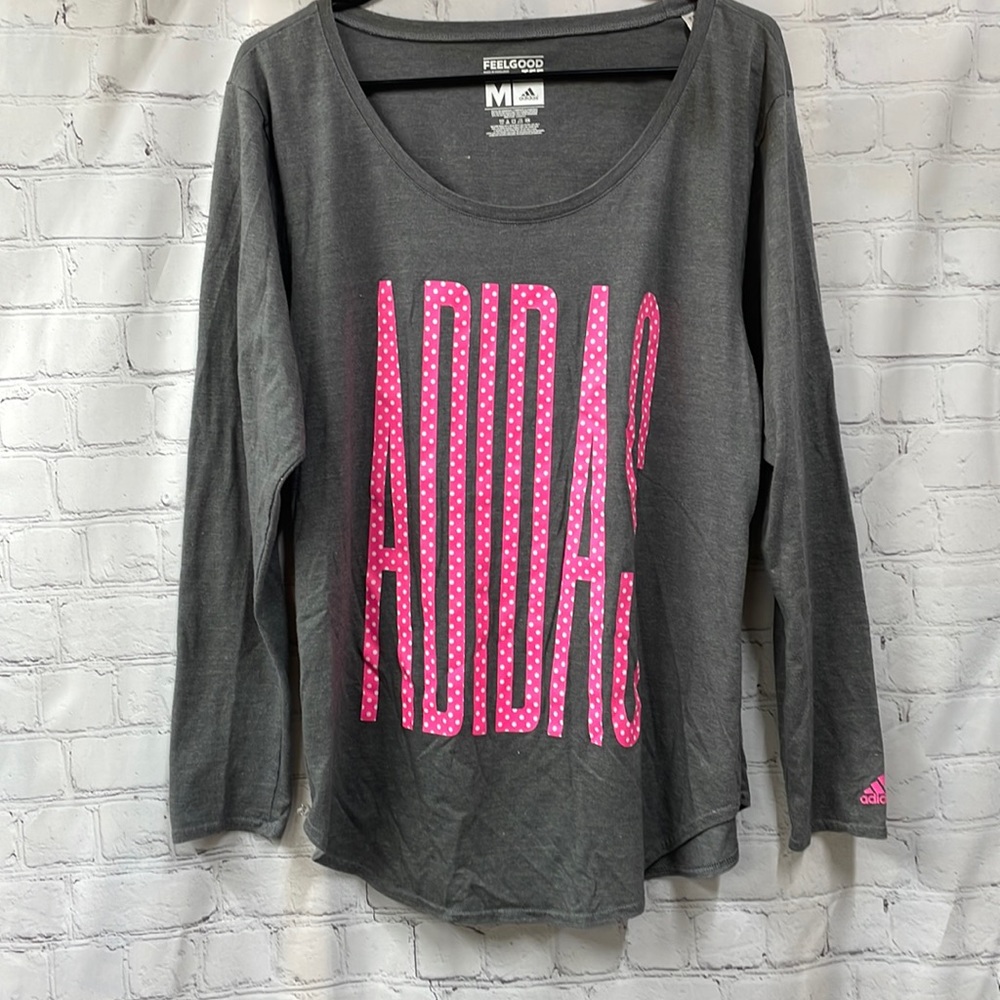 Adidas gray and bright pink lettering climate size medium long sleeve tee